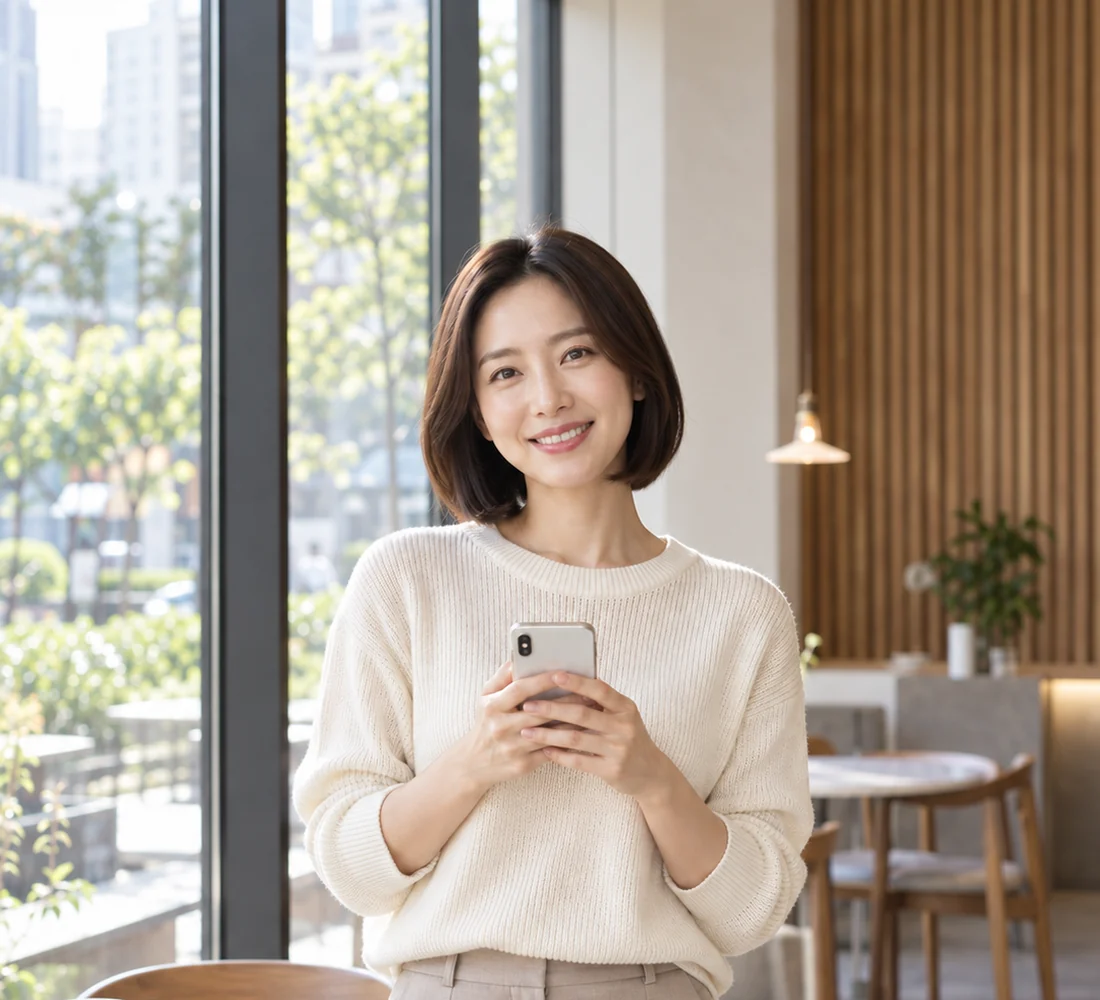 밝은 상담실에서 휴대전화로 문자 상담을 하며 웃는 고객